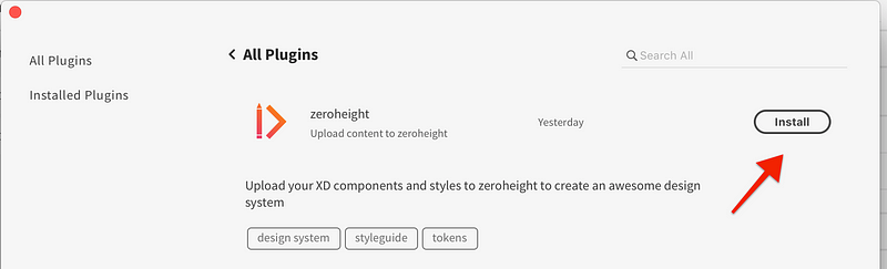 Arrow points to Install button to install zeroheight in the Adobe XD Plugins menu.