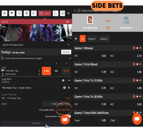 Picture of betting on a team and side bets on the e-sports book