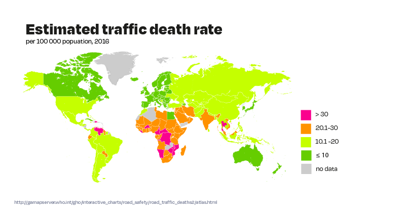 The world map highlighting the most dangerous countries, unluckily there is huge corelation between wealth and road accident death rate