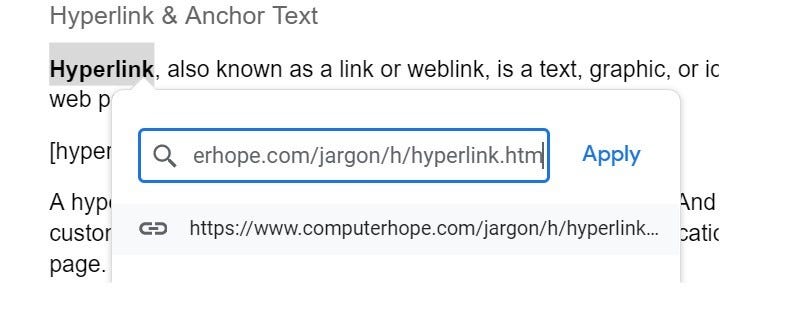 An example of how to add a hyperlink on Google Docs.