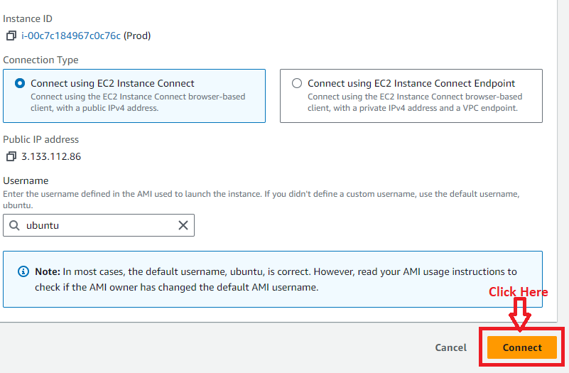 Connect the Prod Instance