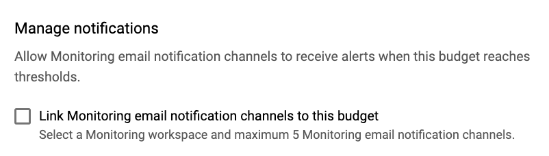 Captura de pantalla de Google Cloud que muestra la casilla de verificación para habilitar la vinculación de notificaciones de correo electrónico de monitoreo