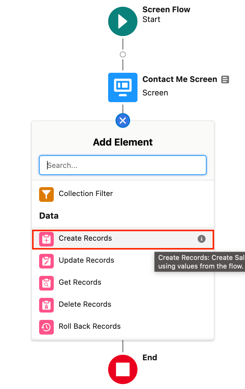 Screen shot of the create record element