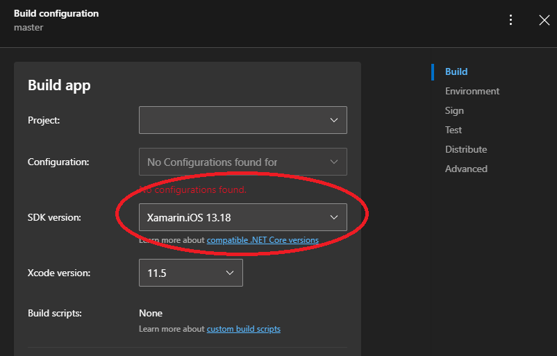 appcenter build configuration chosing the sdk version (13.1.18) to Xamarin.IOS