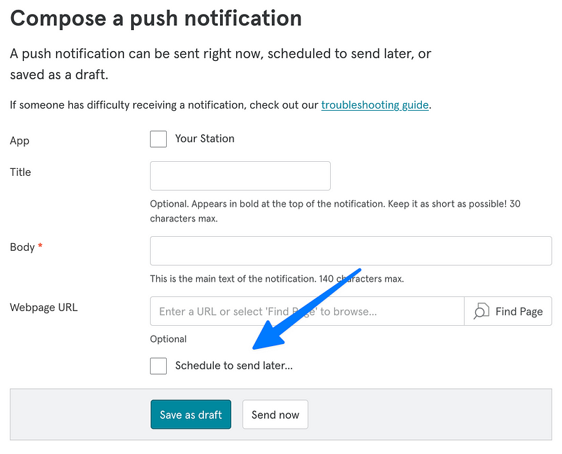 A screenshot of the Aiir UI showing the form for composing a push notification. There are fields for selecting an app, entering a title, entering the body of the notification, entering a webpage URL, a checkbox labelled “Schedule to send later”, and two buttons labelled “Send as draft” and “Send now”.