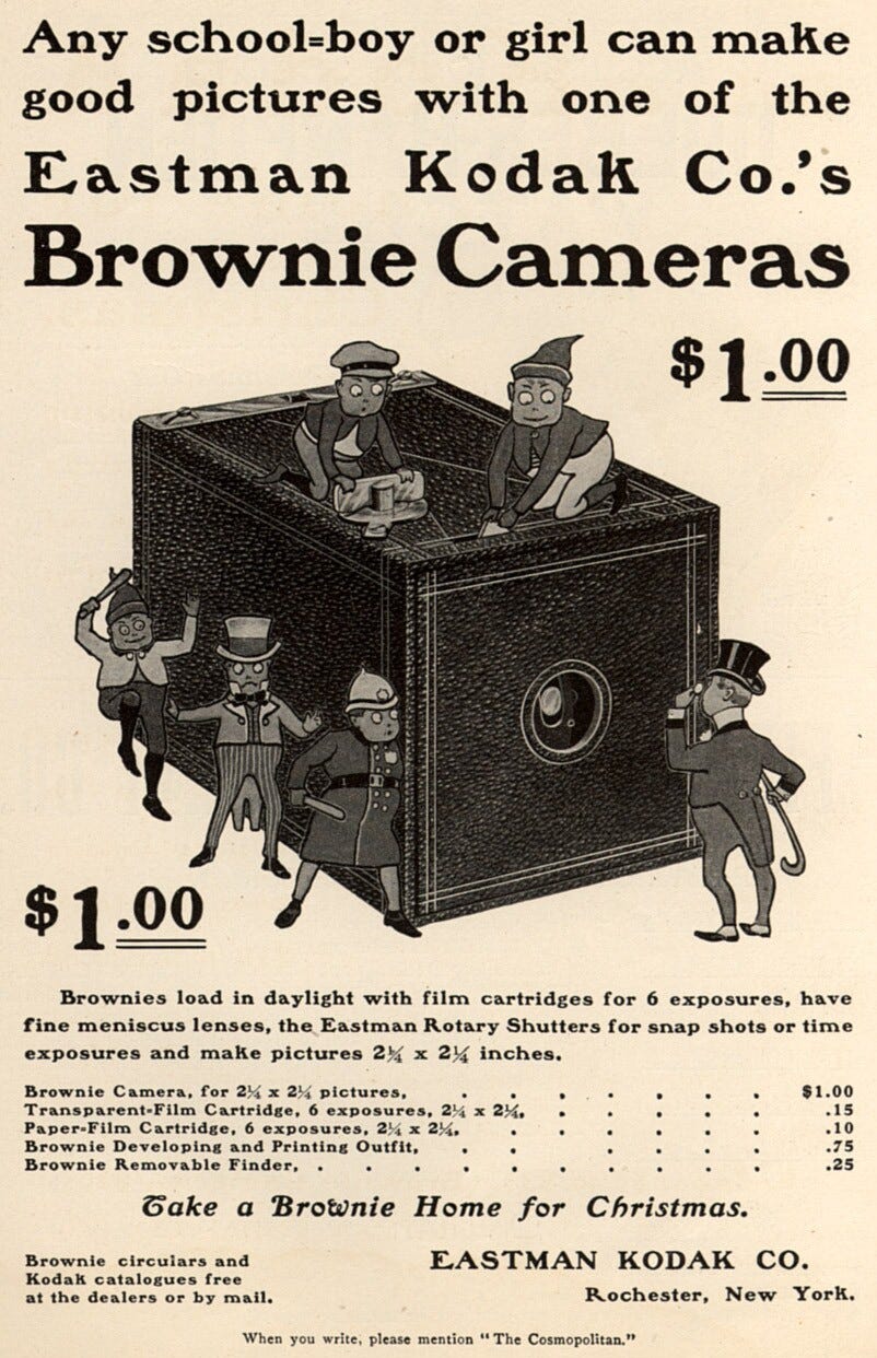 An illustrated advert for Eastman Kodak’s Brownie camera retailing for $1 as featured in Cosmopolitan magazine