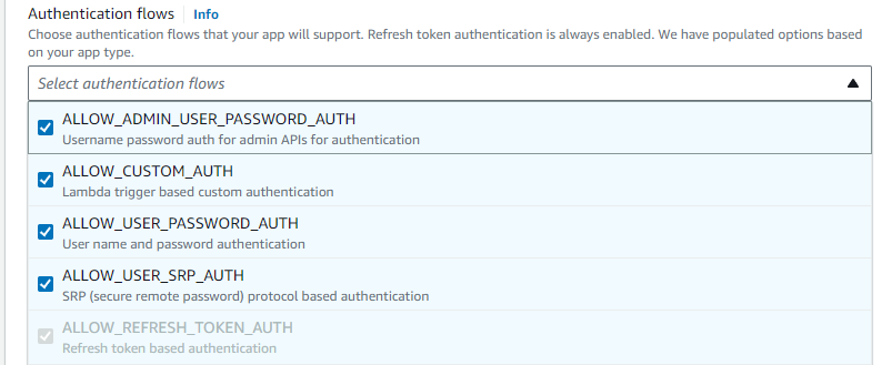 Cognito Authentication Flow options aws console