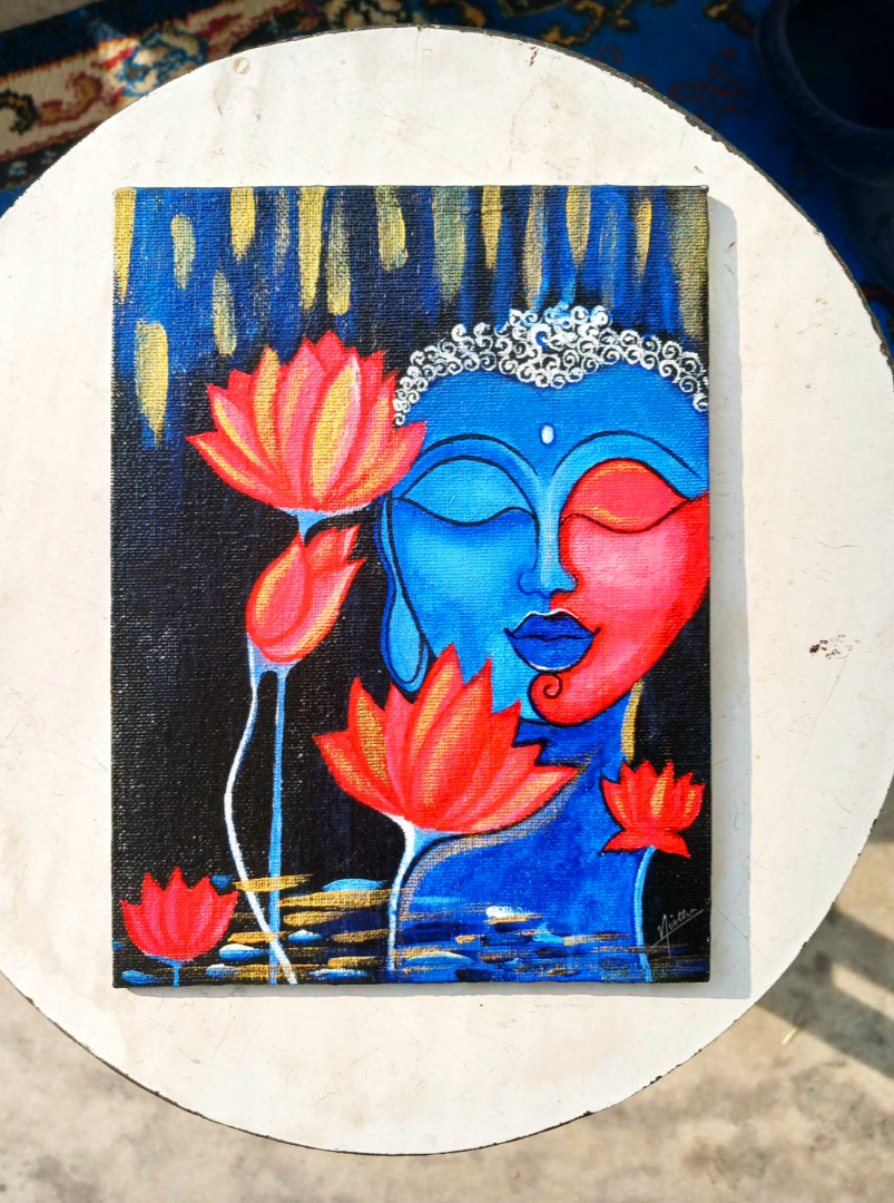 Painting of Gautam Buddha and Lotus flowers by Nistha Thapa