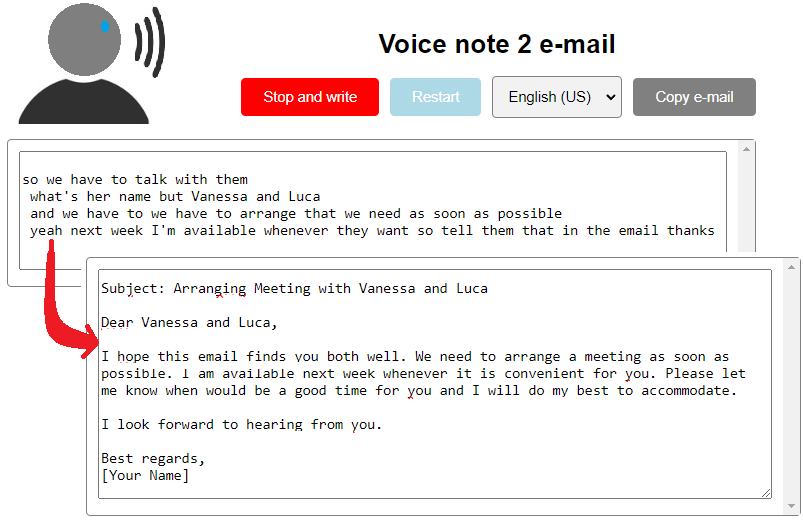 A Web App for Automated E-mail Writing From Voice Notes, Using GPT-3