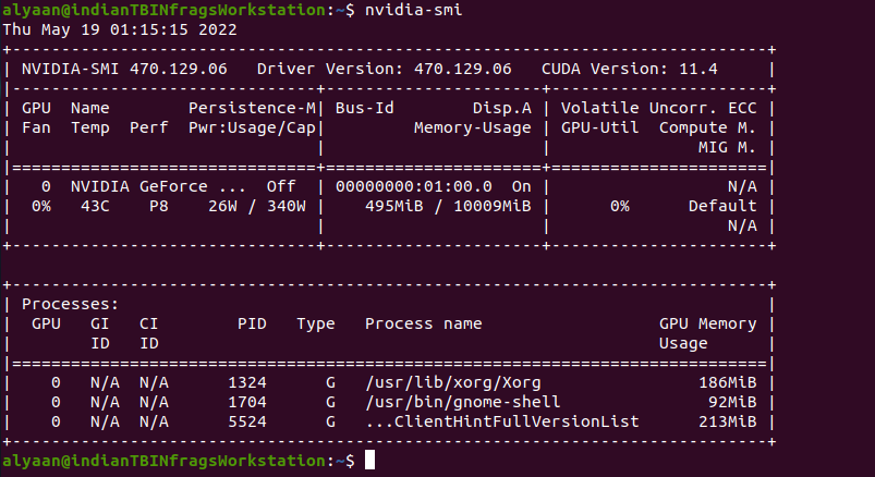 command showing nvidia-smi. This command shows nvidia driver and cuda version, gpu memory utilization, gpu usage utilization, power consumption and other vitals related to GPU.