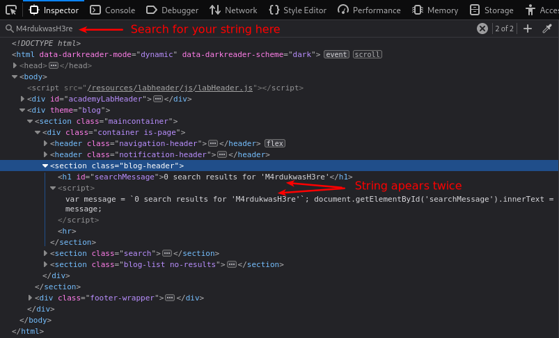 DOM-browser view showing: <section class=”blog-header”> <h1 id=”searchMessage”>0 search results for ‘M4rdukwasH3re’</h1> <script> var message = `0 search results for ‘M4rdukwasH3re’`; document.getElementById(‘searchMessage’).innerText = message; </script> <hr> </section>