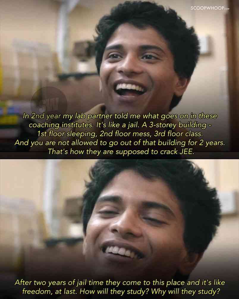 A quote from the documentary highlighting the jail-like lives of JEE aspirants
