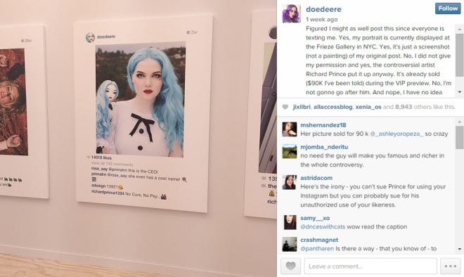 Doedeere on Instagram says she is okay with having Prince use her photo for his artwork.