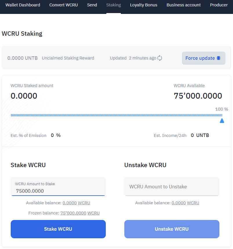 Staking WCRU tokens to get UNTB