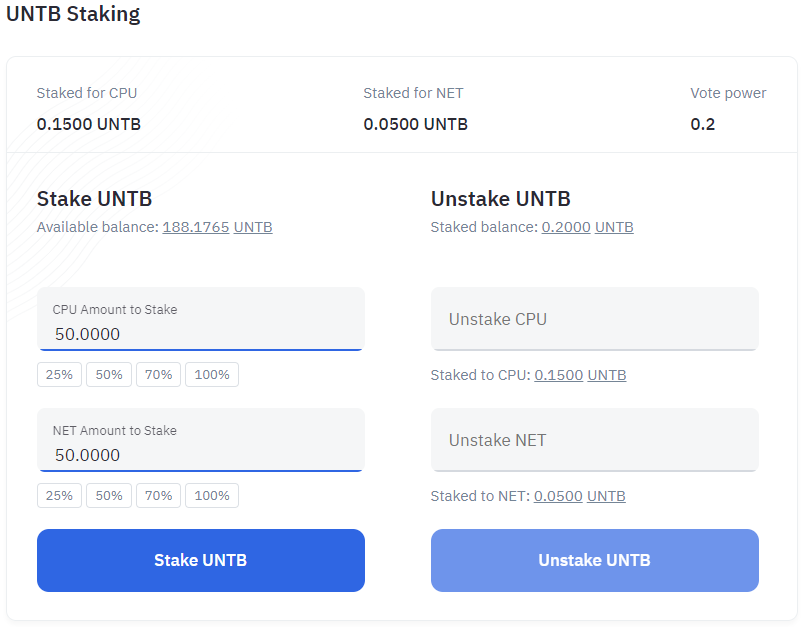 UNTB staking to add NET/CPU resources to the crypto wallet