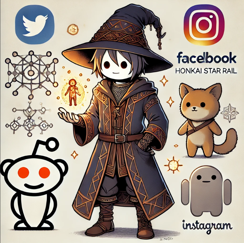 Image generated by ChatGPT Create an image featuring Reddit’s Snoo character. Snoo should be wearing a mix of medieval fantasy attire inspired by Dungeon Meshi, such as a wizard hat and a tunic. Around Snoo, include various social media icons (Facebook, Twitter, Instagram) floating as if they are magical symbols. In Snoo’s hand, have a glowing firefly (representing Firefly Mains 🔥🪰). Also, include a small companion resembling a beloved character from Honkai Star Rail, standing beside Snoo, to