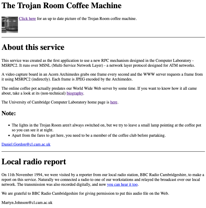 Screen capture of the webpage about the Trojan Room Coffee Machine.