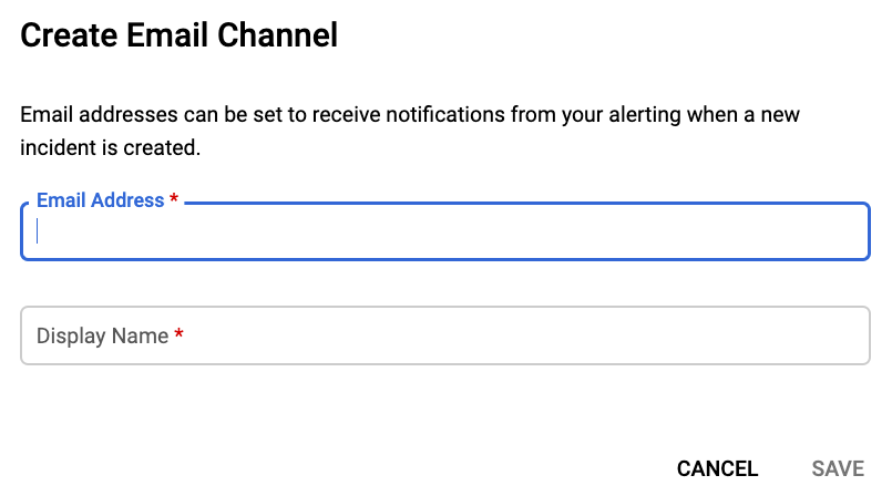 Captura de pantalla de Google Cloud que muestra la dirección de correo electrónico y el nombre para mostrar para agregar un canal de correo electrónico