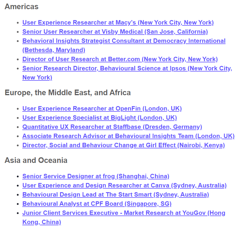 A list of job postings organized by continents: Americas; Europe, the Middle East, and Africa; and Asia and Oceania.