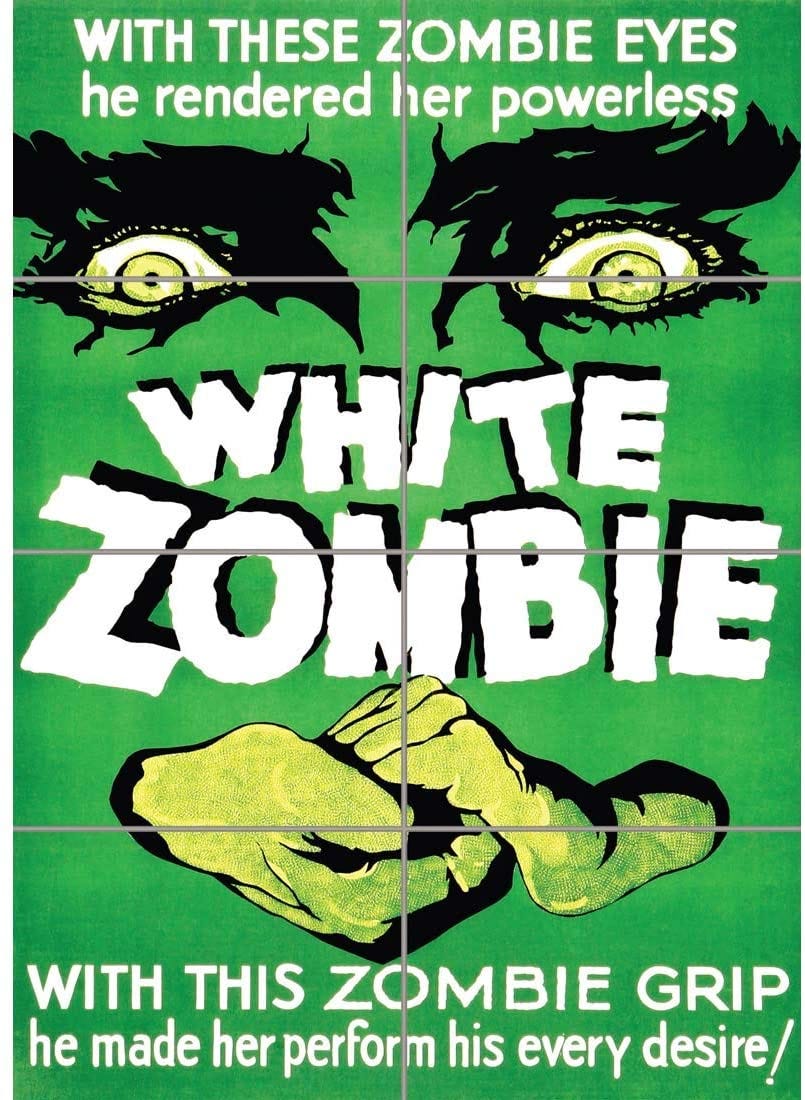 A green poster, hand drawn. Title is in the center, above are the two starry eyes of Bela Lugosi, underneath two hands clench