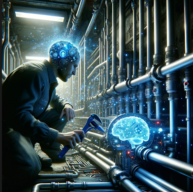 a plumber in a dimly lit basement is intently focused on connecting a network of highly advanced plumbing. The pipes emit a soft blue glow, with digital bits resembling tiny glowing sparks of light flying around them, creating an aura of technological mystique. A blue or silver robotic brain is prominently embedded amongst the pipes, its intricate circuits visible through a transparent casing. The scene is alive with the twinkling of digital magic lights, casting shimmering reflections on the su