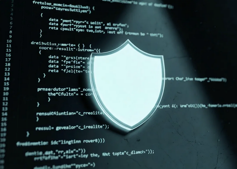 A glowing digital shield overlaying lines of code on a dark screen, representing AI-driven cybersecurity defense.