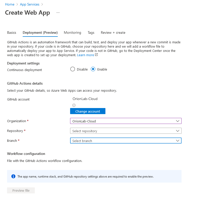 Listed details like Organization, Repository, Branch for chosen GitHub Account — Create an Azure App Service with GitHub Continuous Deployment Integration. | Orionlab | Orionlab.io