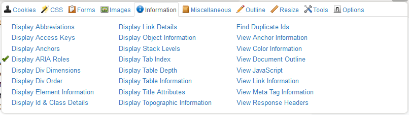 The menu of the  Web Developer plugin shows the option “Display ARIA roles” selected