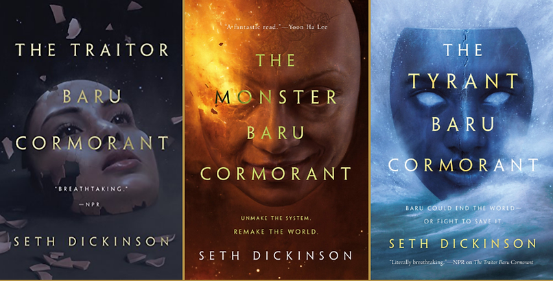 Images of three book covers side by side: The Traitor, The Monster, The Tyrant. Each cover features a mask prominently.