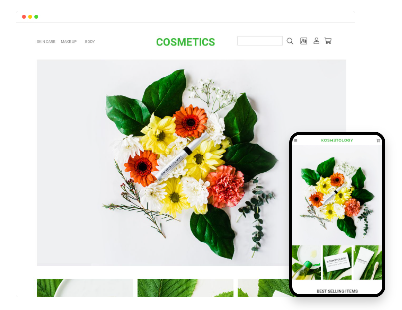 The beauty and cosmetic theme of Cafe24 is featured on desktop and mobile. The theme is based on organic elements such as flowers, greenery, and potpourri.