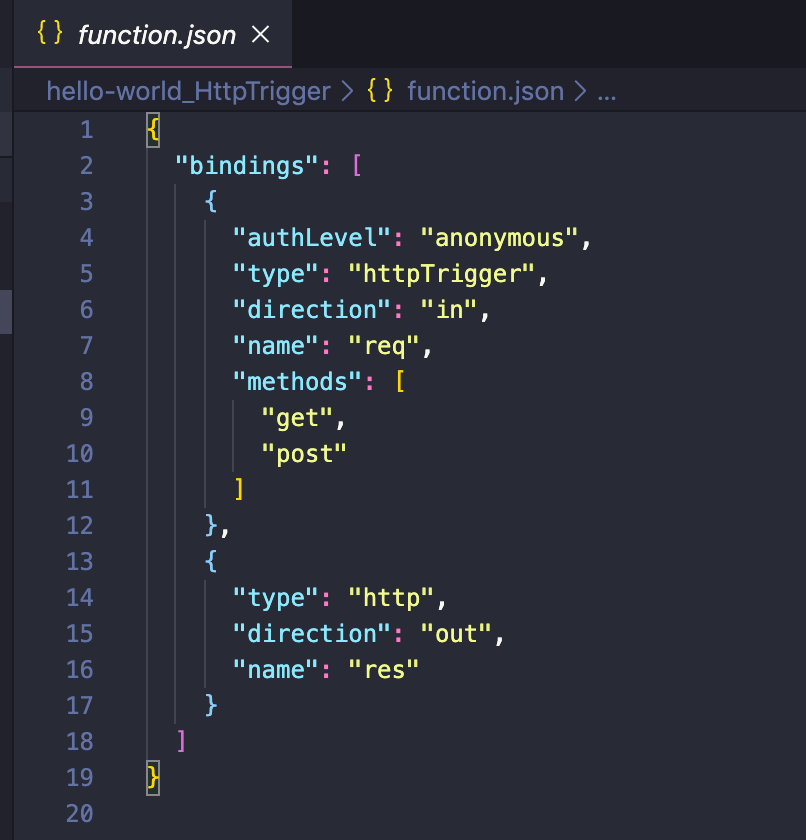 Function.json file contents being displayed in Visual Studio Code window