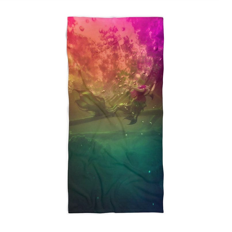 Talitha Cumi Mermaid Fantasy Art Beach Towel by Trésor de la Mer — Mermaid for Hire, Mermaid Art Prints, Hospitality Design, Mermaid Beach Towels