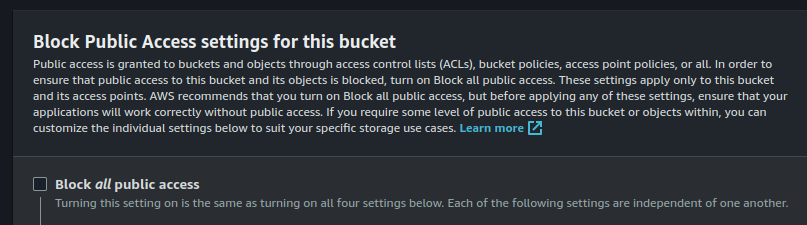 uncheck block public access