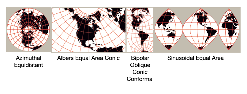 Some example map projections (from https://pubs.usgs.gov/gip/70047422/report.pdf)