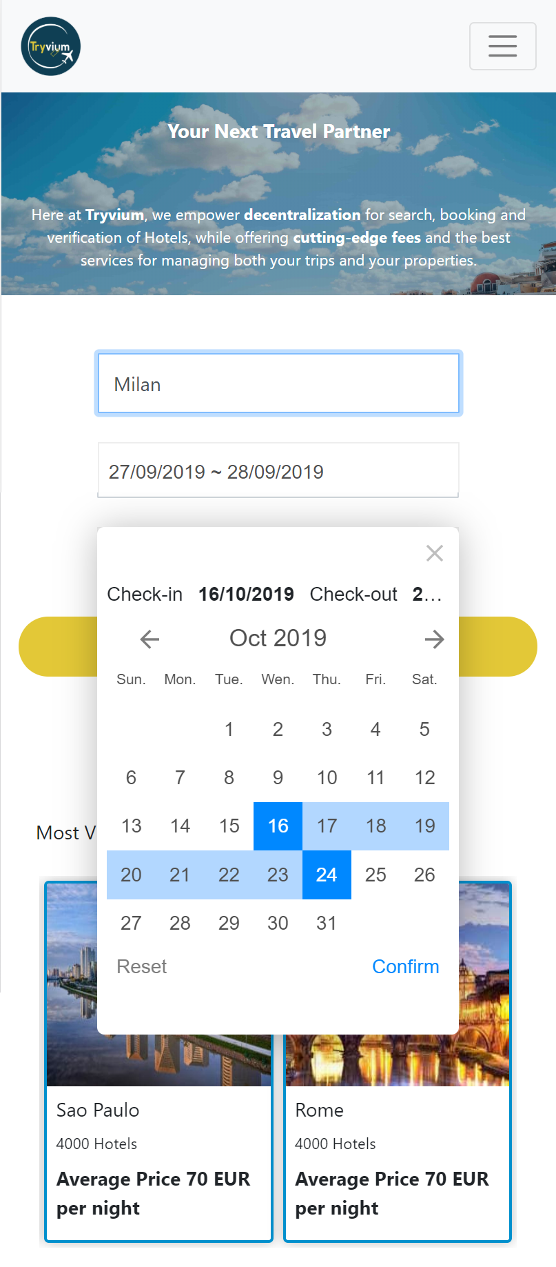 Home page of the Tryvium Alpha platform, Mobile view, with calendar open