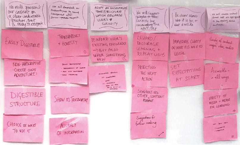 A photograph of some post-it notes from a workshop on our content princples