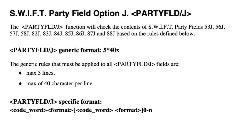 SWIFT Party Field Option J (<PARTYFLD/J) syntax description