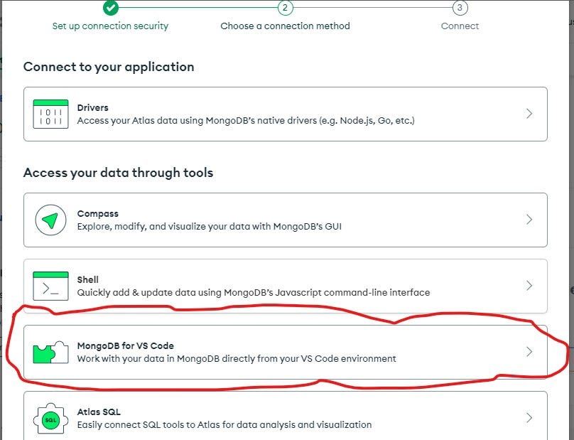 When trying to connect mongodb collection, click on mongodb for vscode or you can select a different tool you’re comfortable with