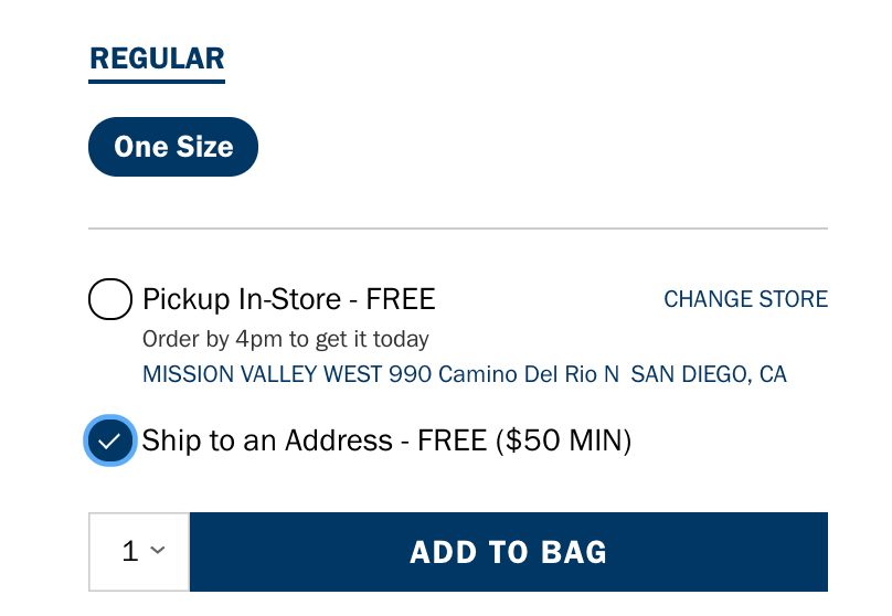 Screenshot of Old Navy’s add to cart options