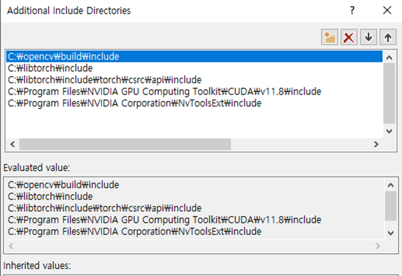 Visual Studio configuration window showing paths added to ‘Additional Include Directories’ for a C/C++ project. The directories listed include paths for OpenCV, LibTorch, CUDA v11.8, and NVToolsExt include files, essential for integrating these libraries into the development environment.