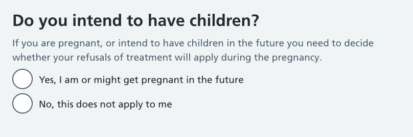 A designed mock-up of a filter question asking if someone is, or intends to have children