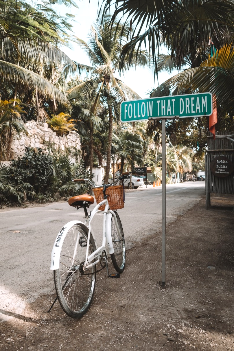 A bike parked near a street sign saying “Follow that dream”. The background has tropical trees.