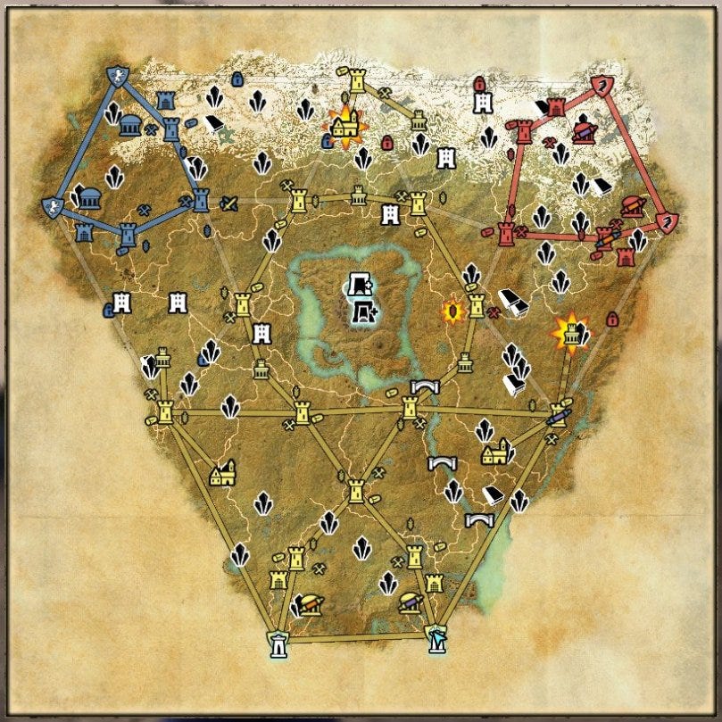 A map of Cyrodiil, the main stage of the Alliance War from The Elder Scrolls Online. The zone is large and triangular (one “tip” pointed downwards) with a variety of points depicted on it in the form of towers, buildings, and various other structures. All of them are depicted in a variety of colors: blue, red, and yellow.