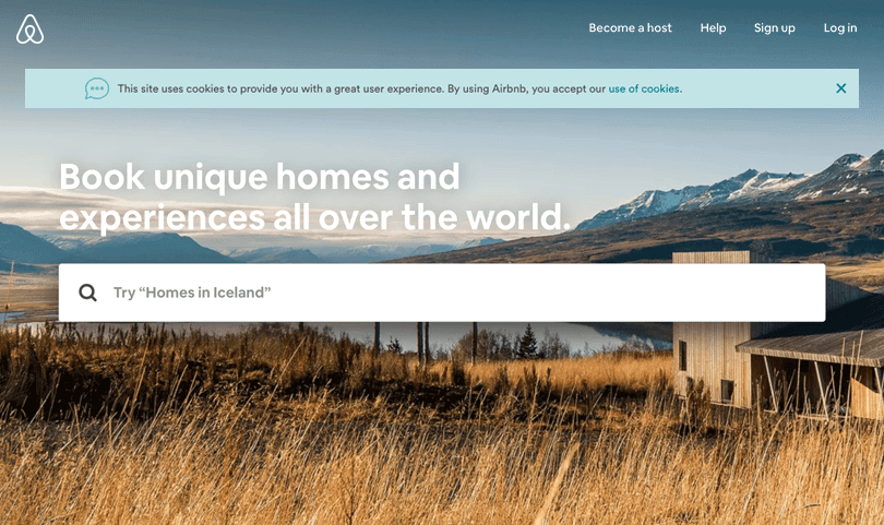 Air BnB inline top header cookie notifcation