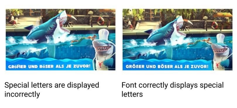 Shark game comparison. From left: Special letters are displayed incorrectly, “Font correctly displays special letters.”