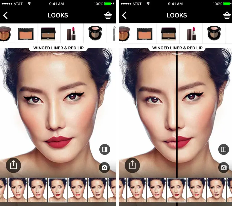 Image description: Screenshot of sephora mobile app which shows their virtual makeup try on feature.