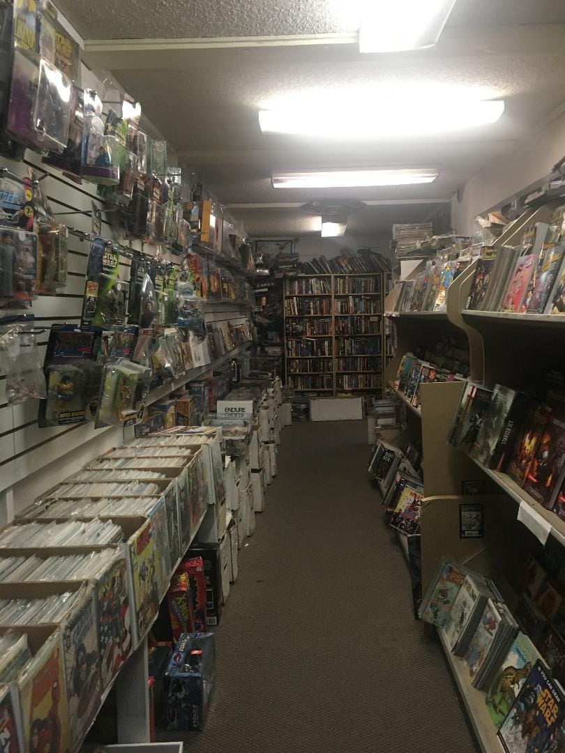Photo showing inside of Bizarro World comic book store.
