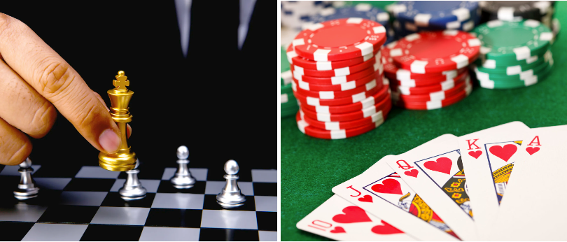 Two images next to each other. On the left, a hand is holding a king chess pieces as he moves it to a new position. On the right is a close up of a straight flush card hand on a poker table with poker chips nearby.