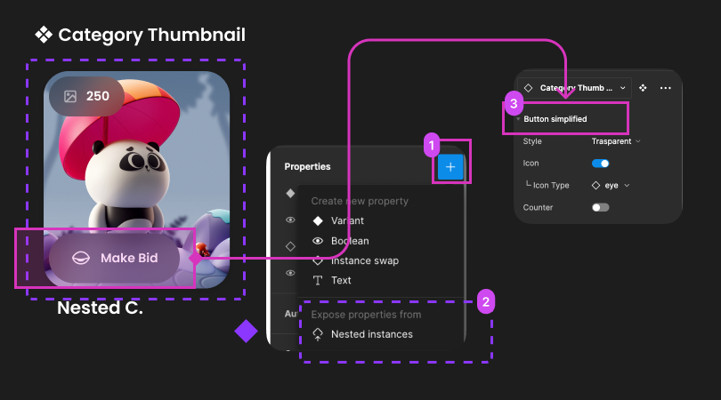 Shows how to expose nested component’s properties to the parent, in the Figma UI