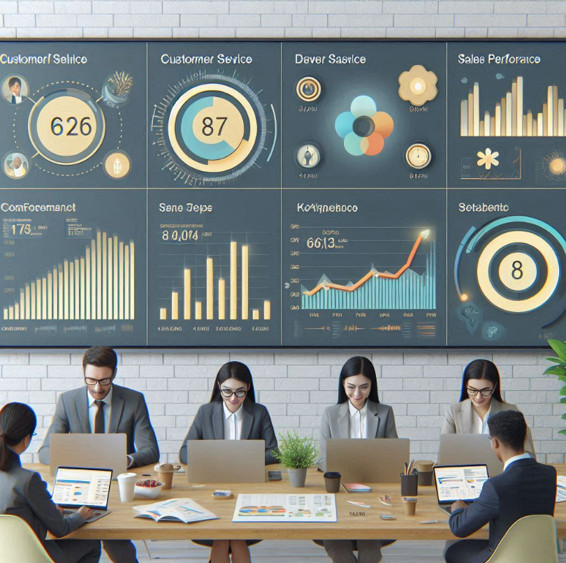 An image showing a mockup of a business dashboard illustrating various KPIs related to customer service and sales performance.